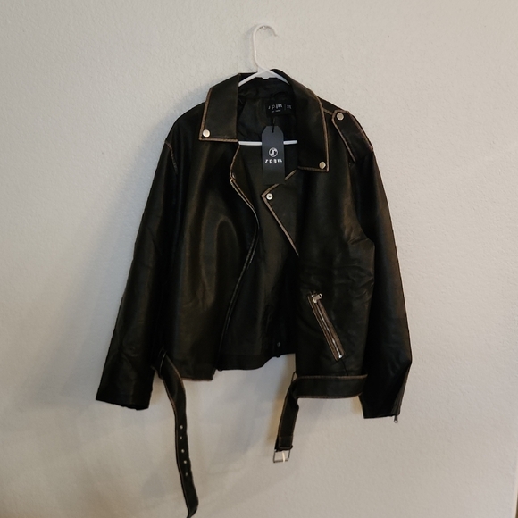 S P Y M Womens Worn Effect Faux Leather Jacket, Faded Moto Biker Coat with Belt - Picture 3 of 10